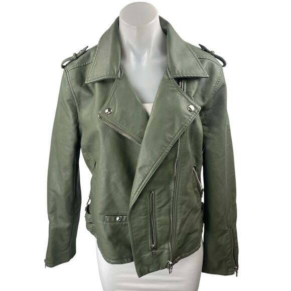 Blank NYC Green Faux Leather Vegan Long Sleeve Biker Motorcyle Jacket Size L - Picture 1 of 4